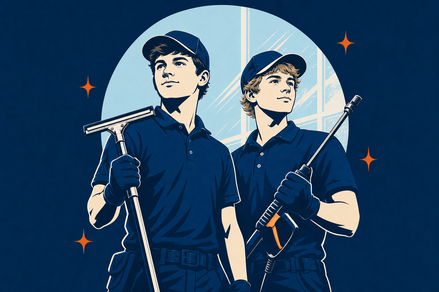 Illustration of the Gedeon brothers with window cleaning and pressure washing equipment